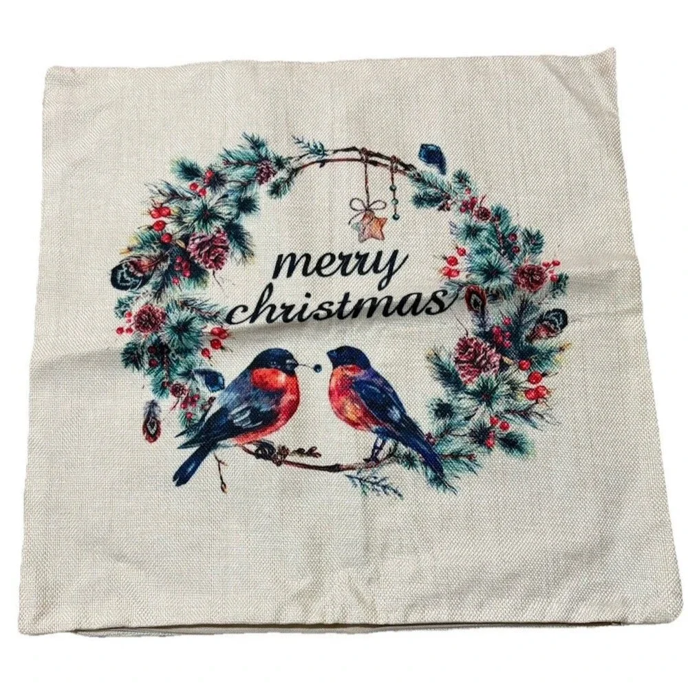 Christmas Cardinal Wreath Pillow Cover 17.5x17.5 Merry Christmas Winter Bird